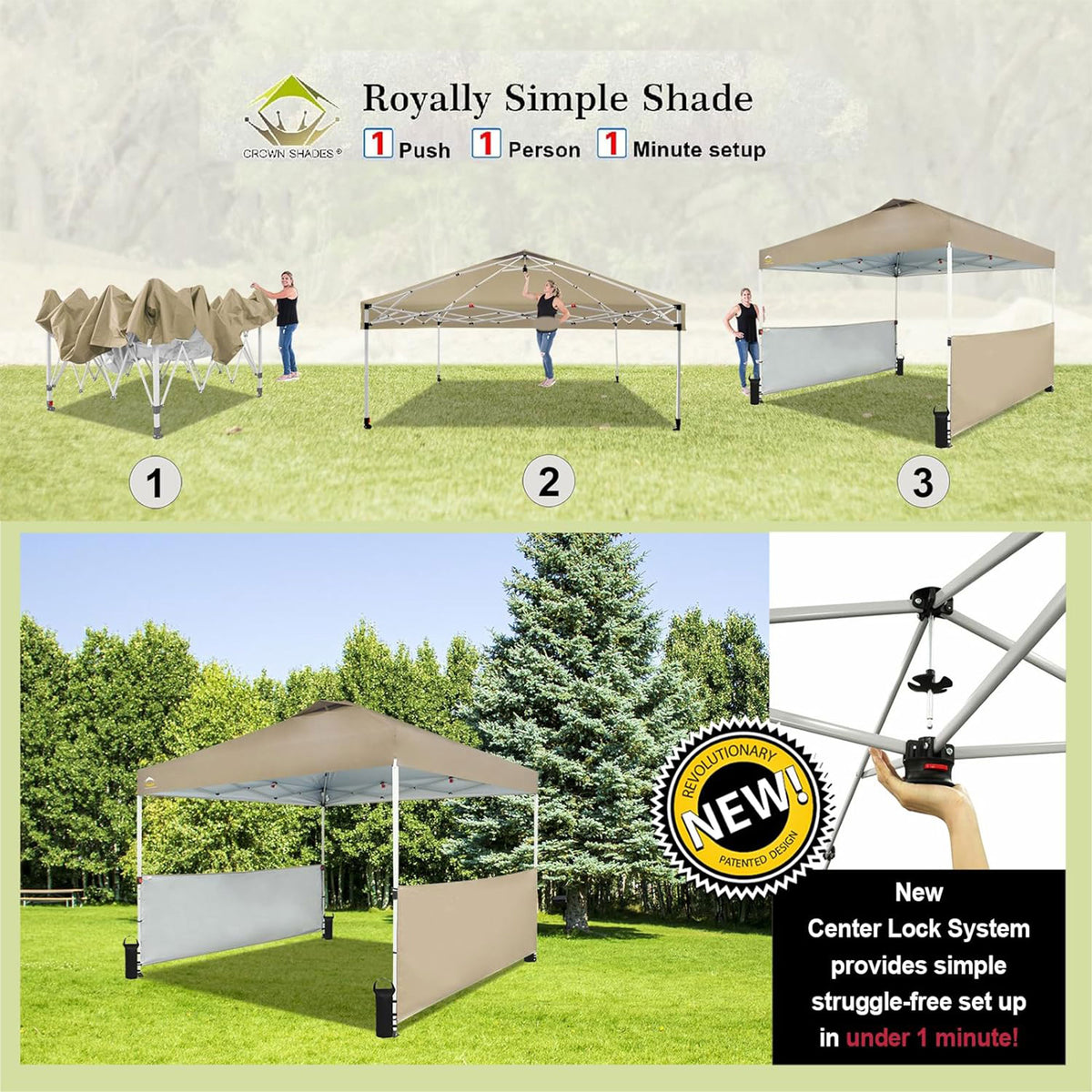 CROWN SHADES 10x10 Ft Pop Up Outdoor Canopy Tent with 2 Half Sidewalls, Beige