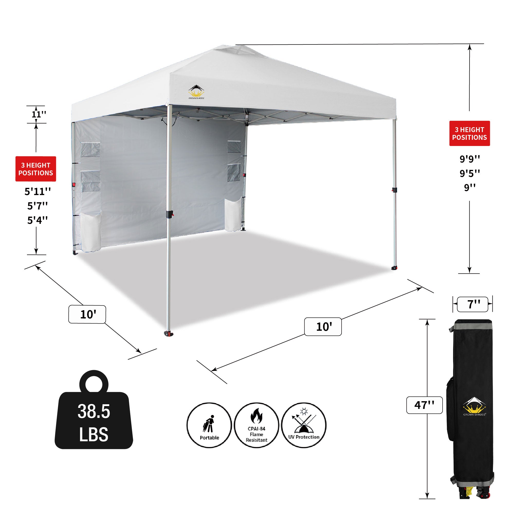 CROWN SHADES 10x10 Ft Pop Up Canopy Tent with Organizer Pocket Sidewall, White