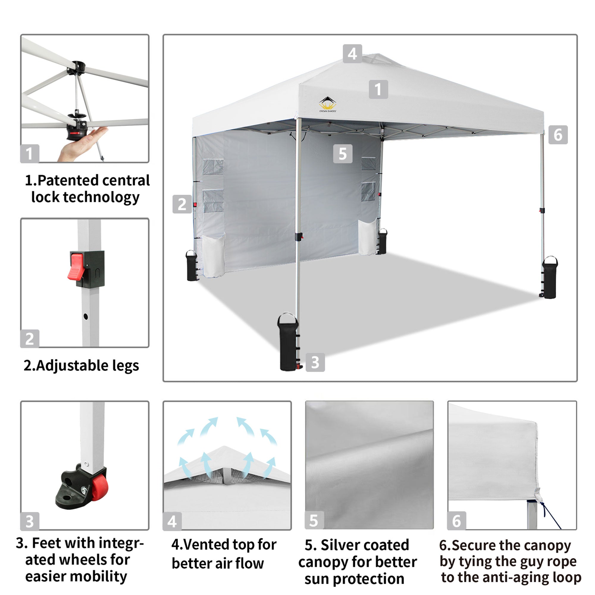 CROWN SHADES 10x10 Ft Pop Up Canopy Tent with Organizer Pocket Sidewall, White