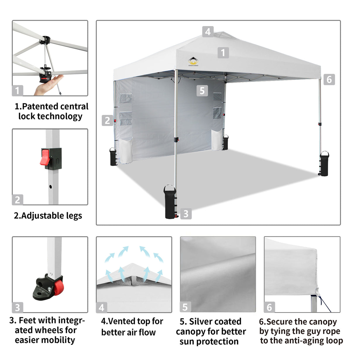 CROWN SHADES 10x10 Ft Pop Up Canopy Tent with Organizer Pocket Sidewall, White