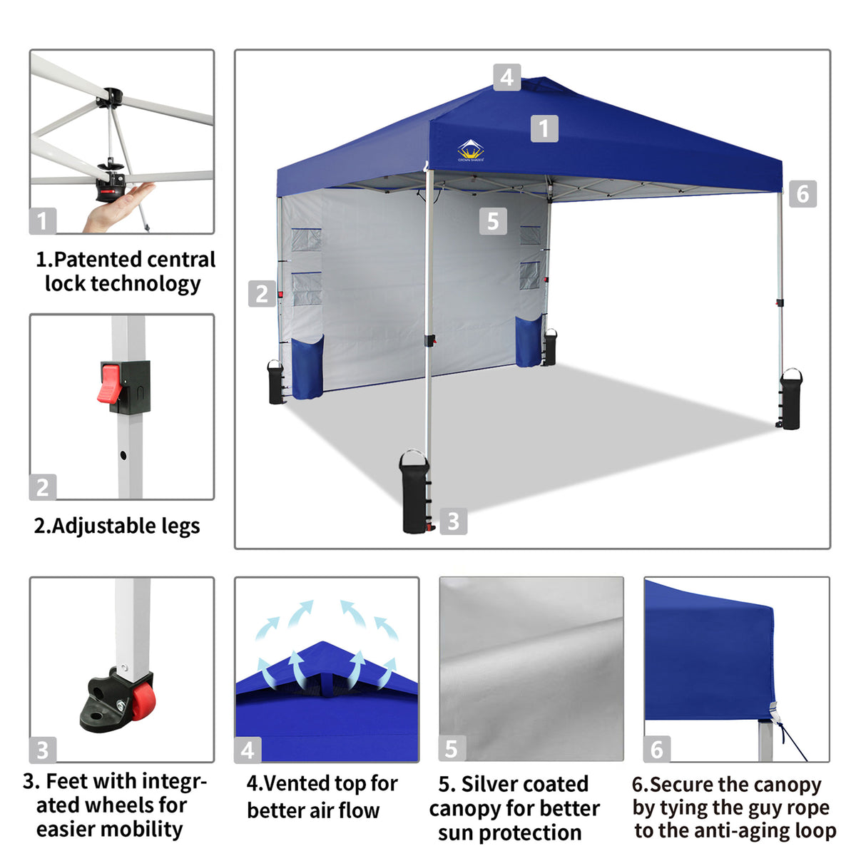 CROWN SHADES 10x10 Ft Pop Up Canopy Tent w/Organizer Pocket Sidewall, Navy Blue