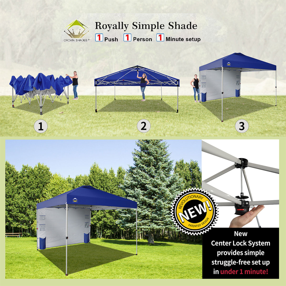 CROWN SHADES 10x10 Ft Pop Up Canopy Tent w/Organizer Pocket Sidewall, Navy Blue