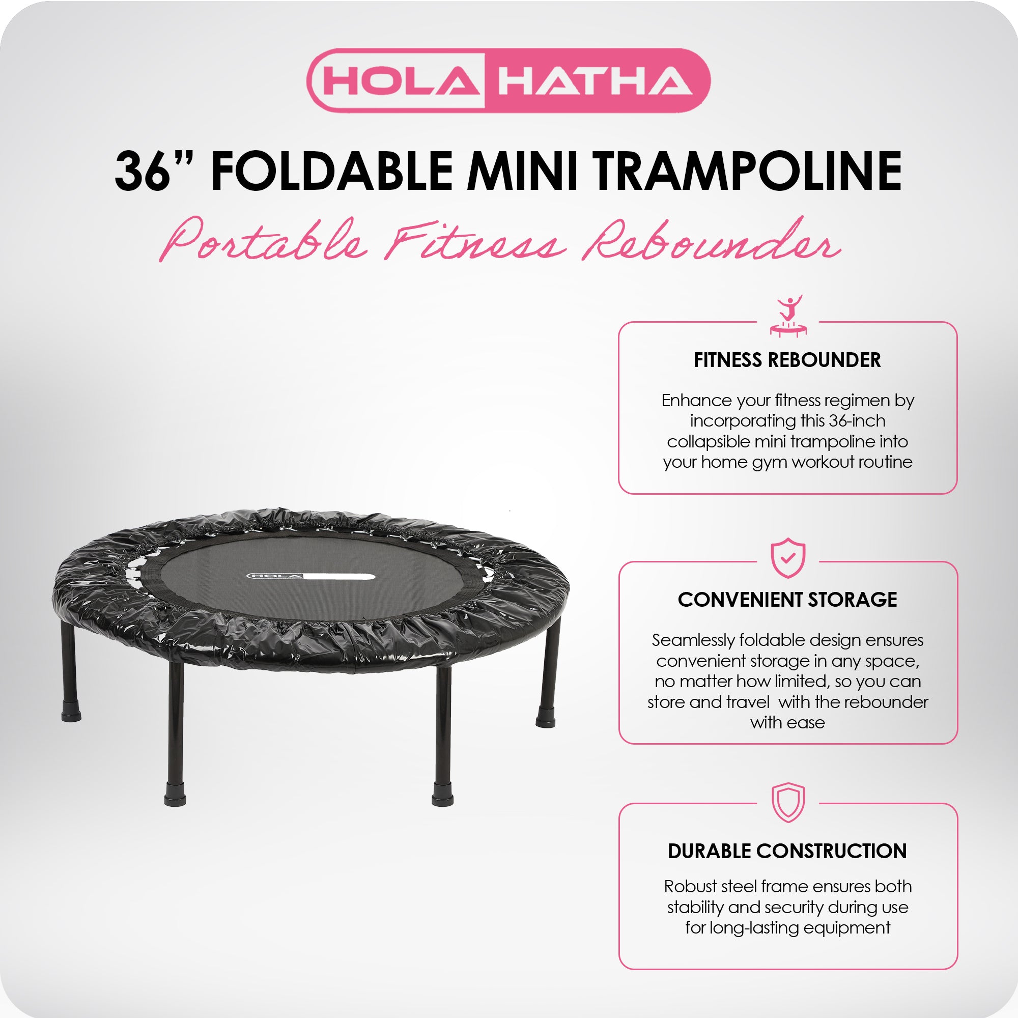 HolaHatha Foldable Mini Trampoline, 36" Round Portable Fitness Rebounder, Black - VMInnovations