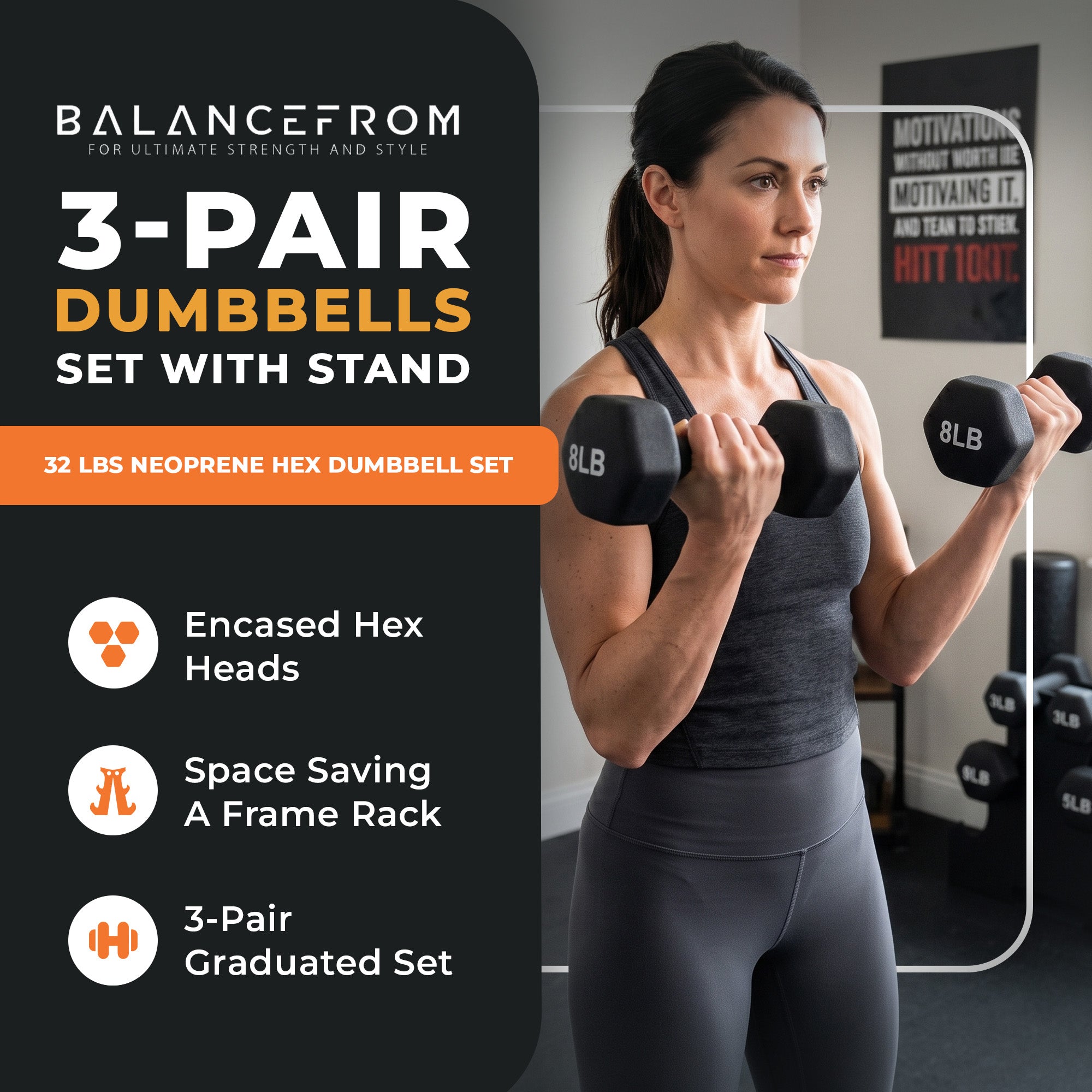 BalanceFrom Dumbbells, 3 Pair Hand Weights Set with Stand, 32 Lb, Black (Used)