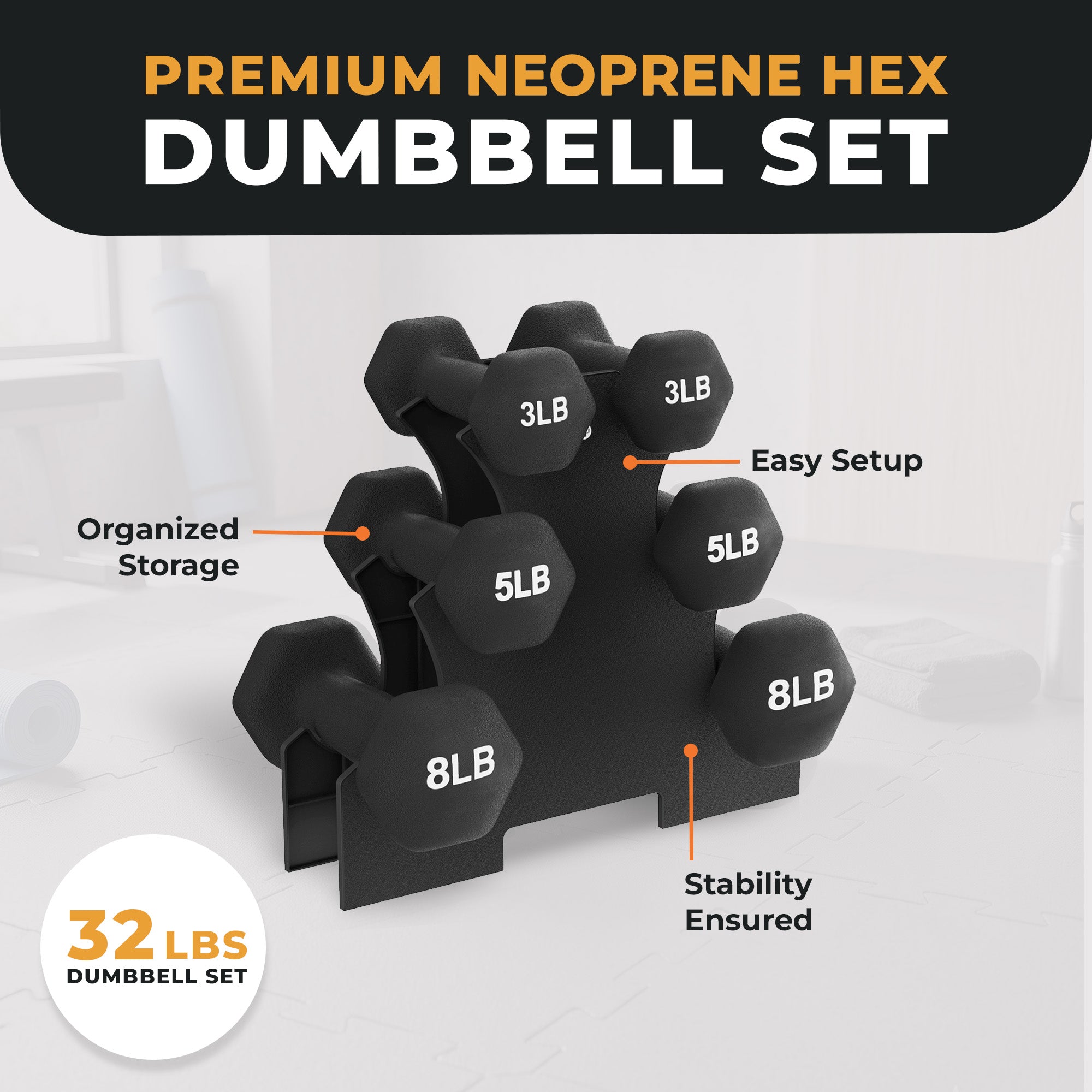 BalanceFrom Neoprene Dumbbells, 3 Pair Hand Weights Set with Stand, 32 Lb, Black