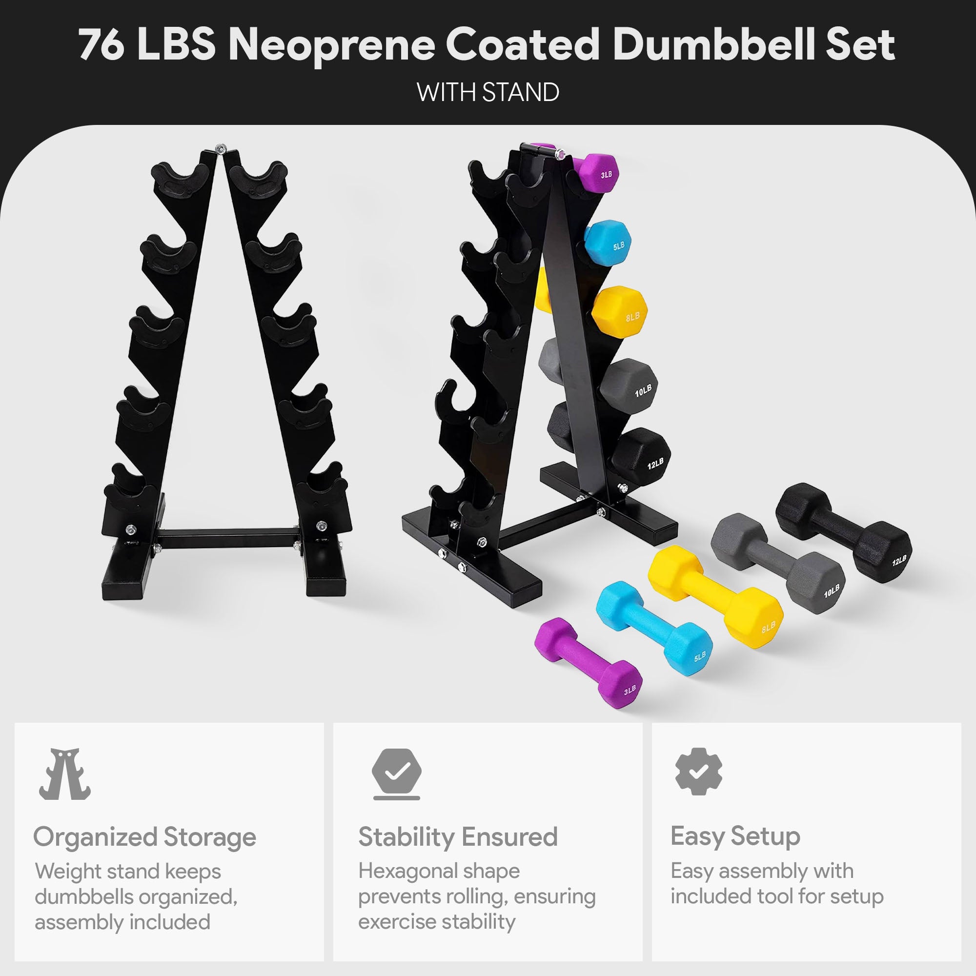BalanceFrom Fitness 76lb Neoprene Coated Dumbbell Set w/Stand (Open Box) - VMInnovations