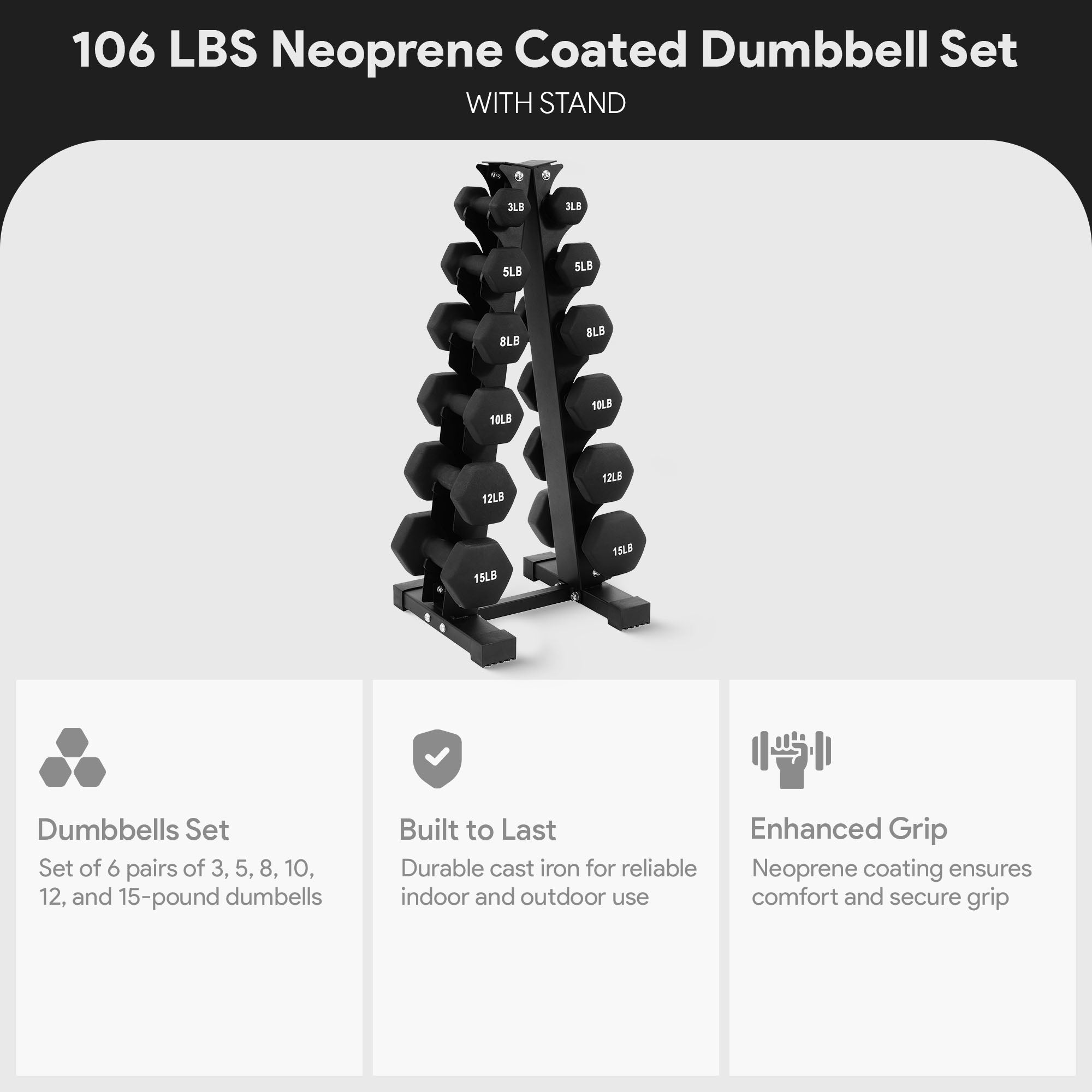 BalanceFrom Fitness 106lb Neoprene Coated Dumbbell Set w/Stand, Black (Open Box) - VMInnovations