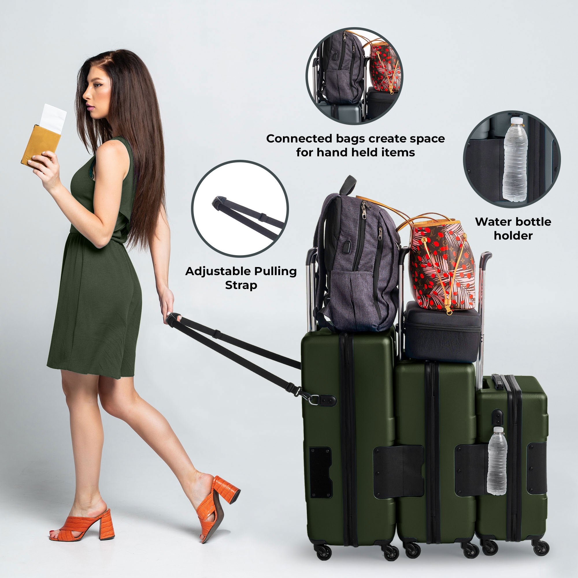 TACH V3.1 3pc Set Connectable Hard Shell Spinner Luggage Set, Green (Used) - VMInnovations