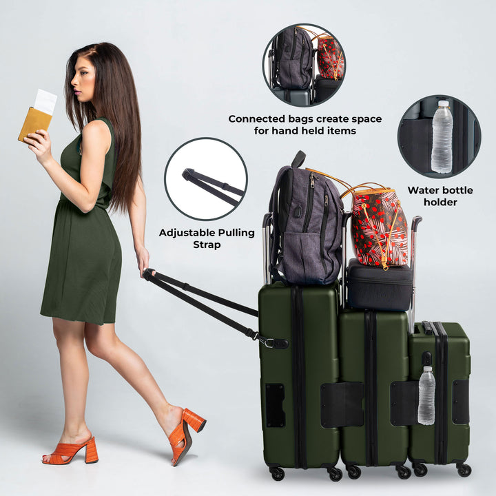 TACH V3 3pc Set Connectable Hard Shell Spinner Luggage Set, Green (Open Box) - VMInnovations