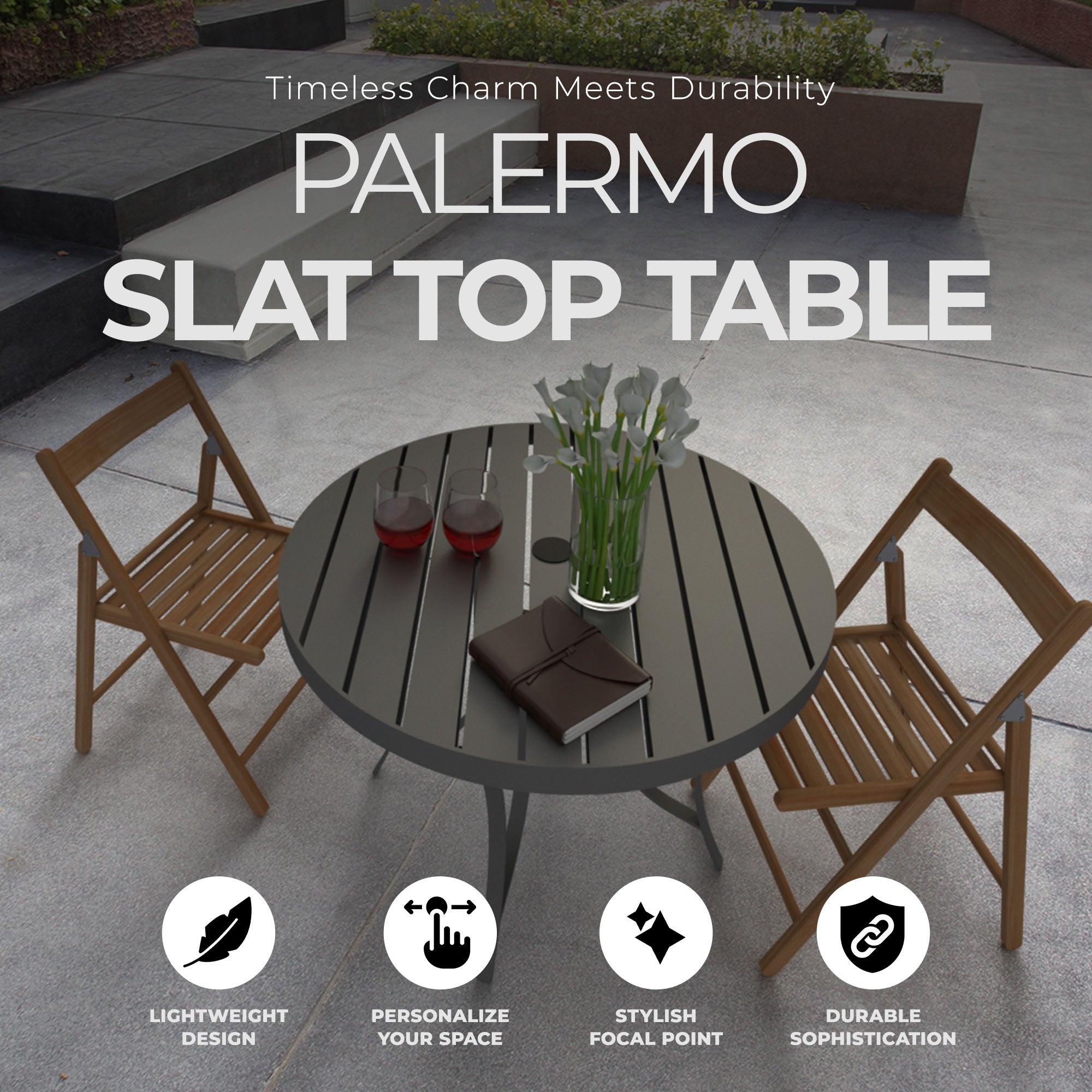 Four Seasons Courtyard Slat Top Dining Table with Umbrella Hole, Gray (Open Box) - VMInnovations