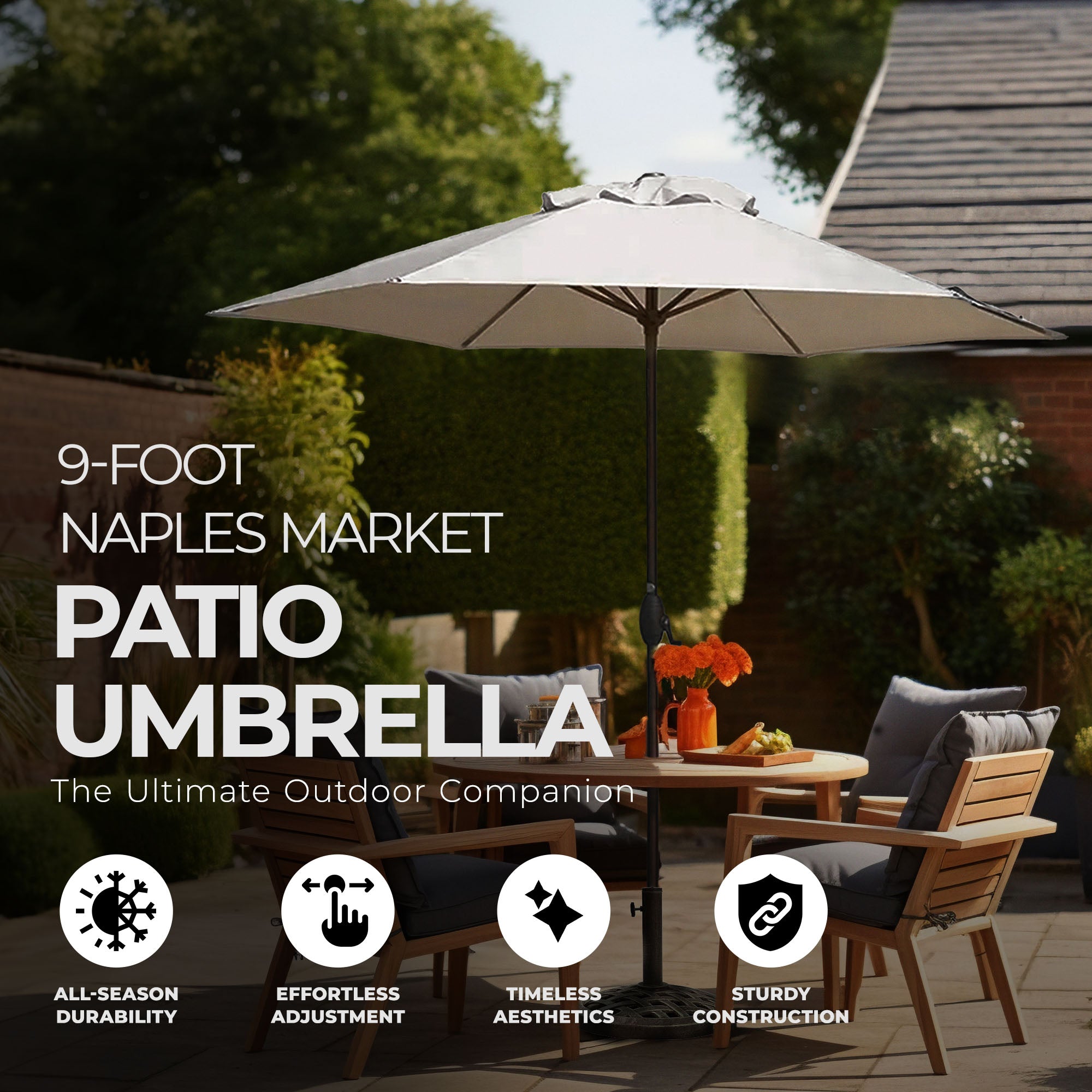 Four Seasons Courtyard 9' Naples Patio Umbrella, Natural Fabric Color (Open Box) - VMInnovations