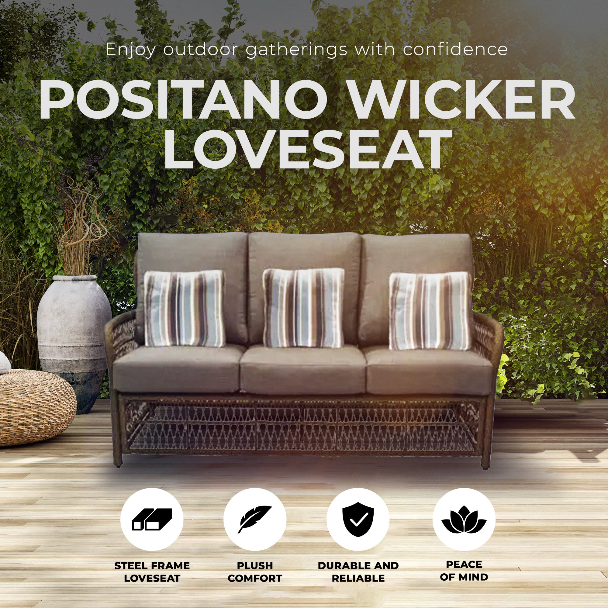 Four Seasons Courtyard Positano 3 Seater All Weather Wicker Loveseat, Beige - VMInnovations
