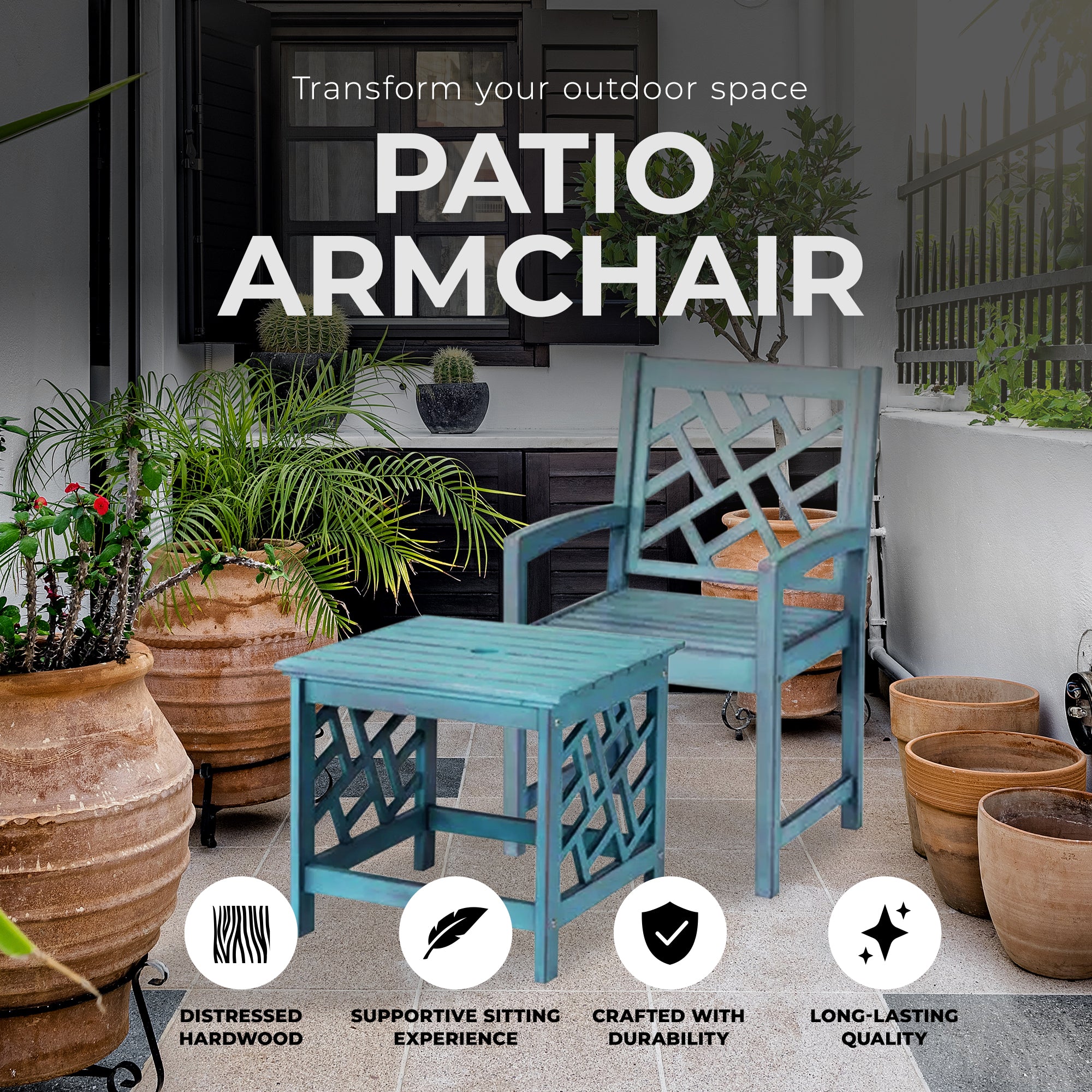 Four Seasons Courtyard 22” Hardwood Portland Patio Arm Chair, Blue (Open Box) - VMInnovations