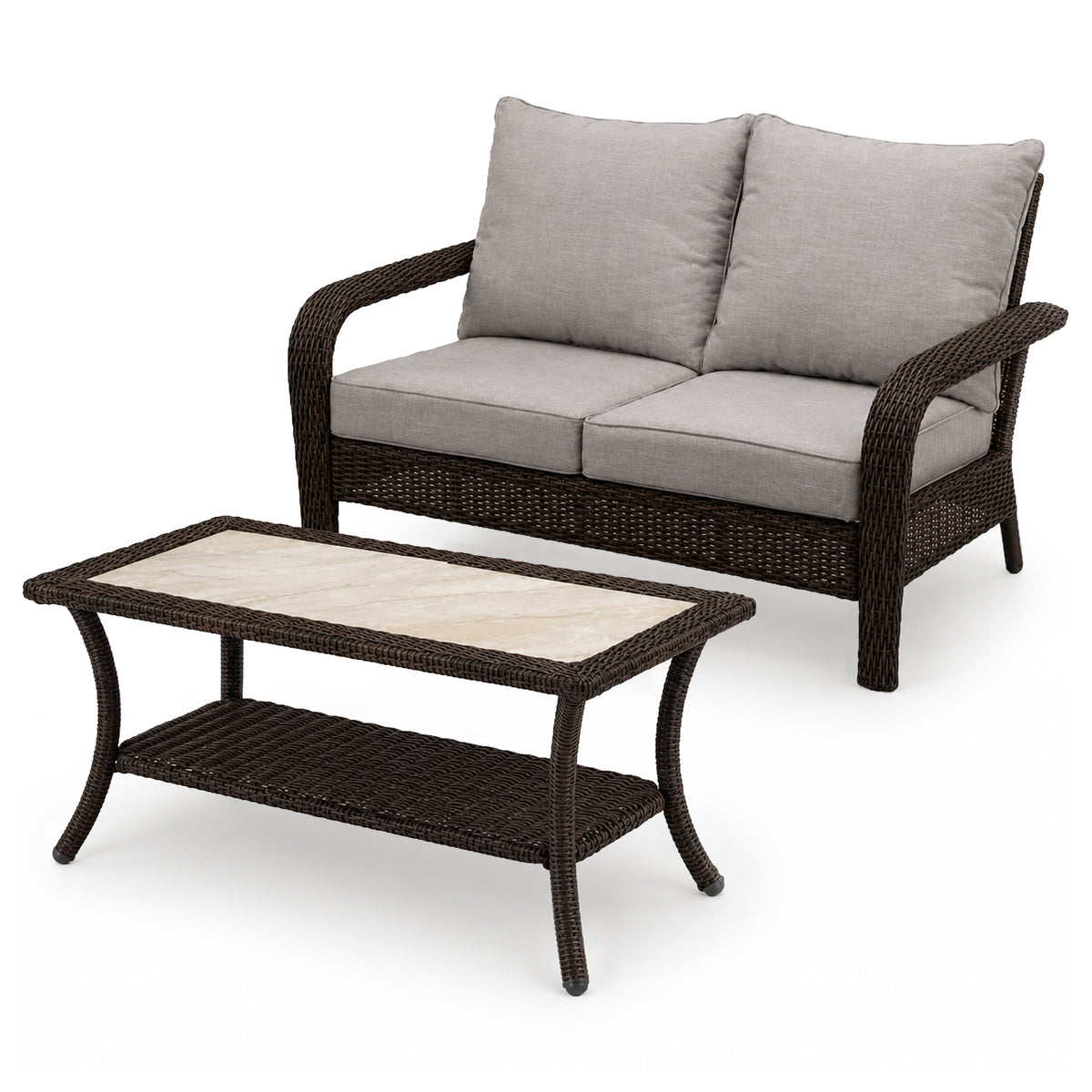 Four Seasons Courtyard Montego Bay Loveseat & Coffee Table, Ivory & Wicker Brown