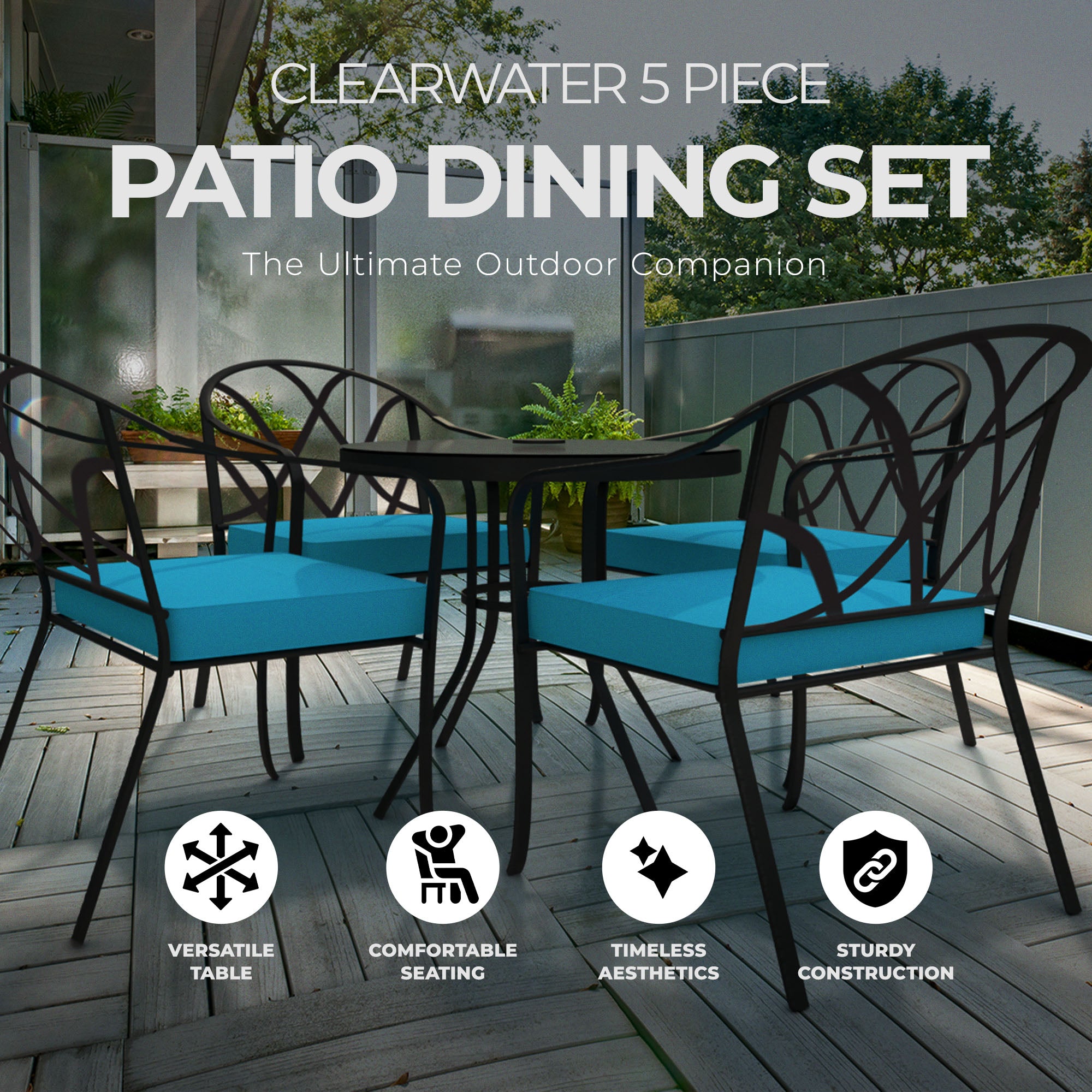 Four Seasons Clearwater 5Pc Stacking Chairs Patio Dining Set, Teal (Open Box) - VMInnovations