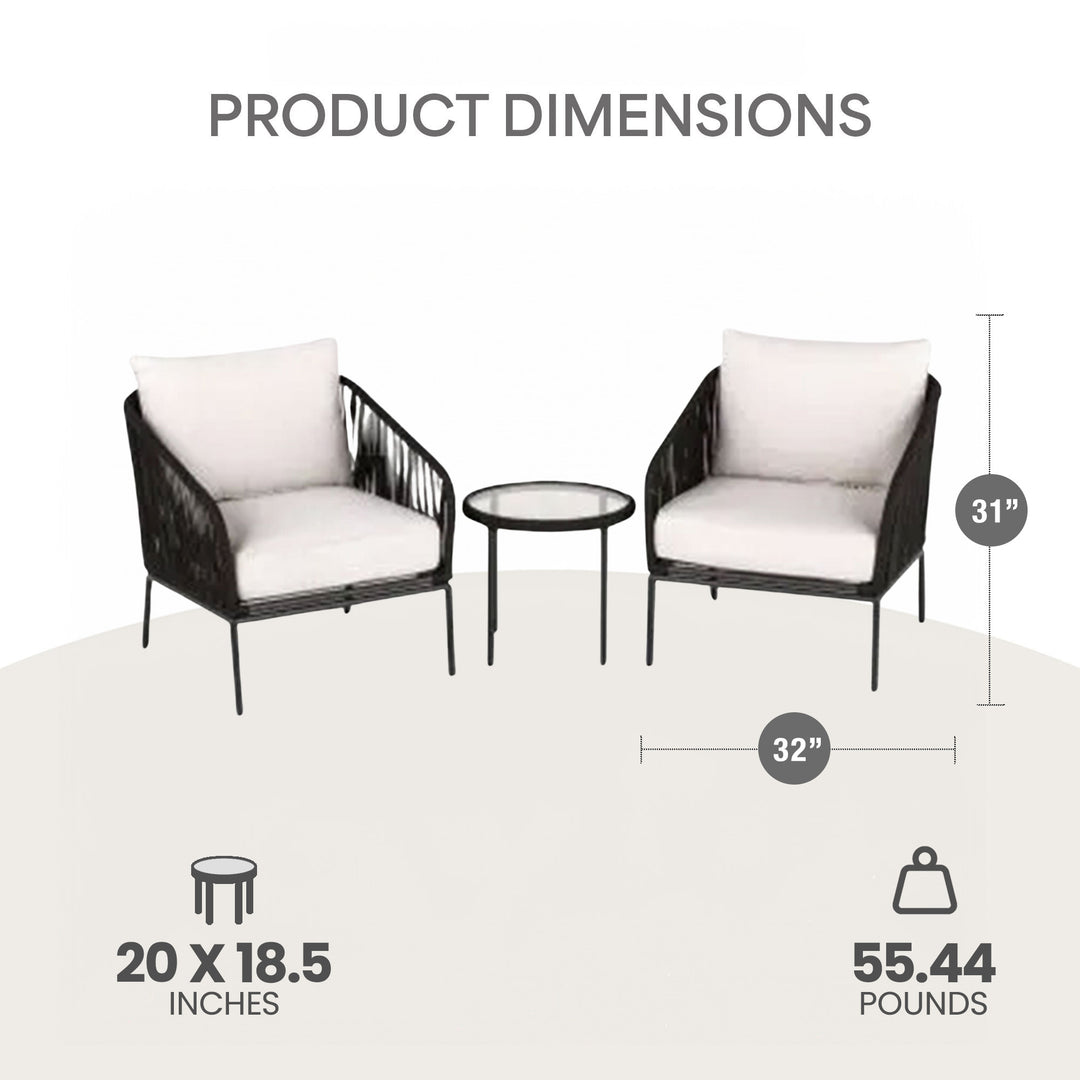 Four Seasons Courtyard Carrabelle 3pc Chat Set w/Woven Rope Design, Black (Used) - VMInnovations