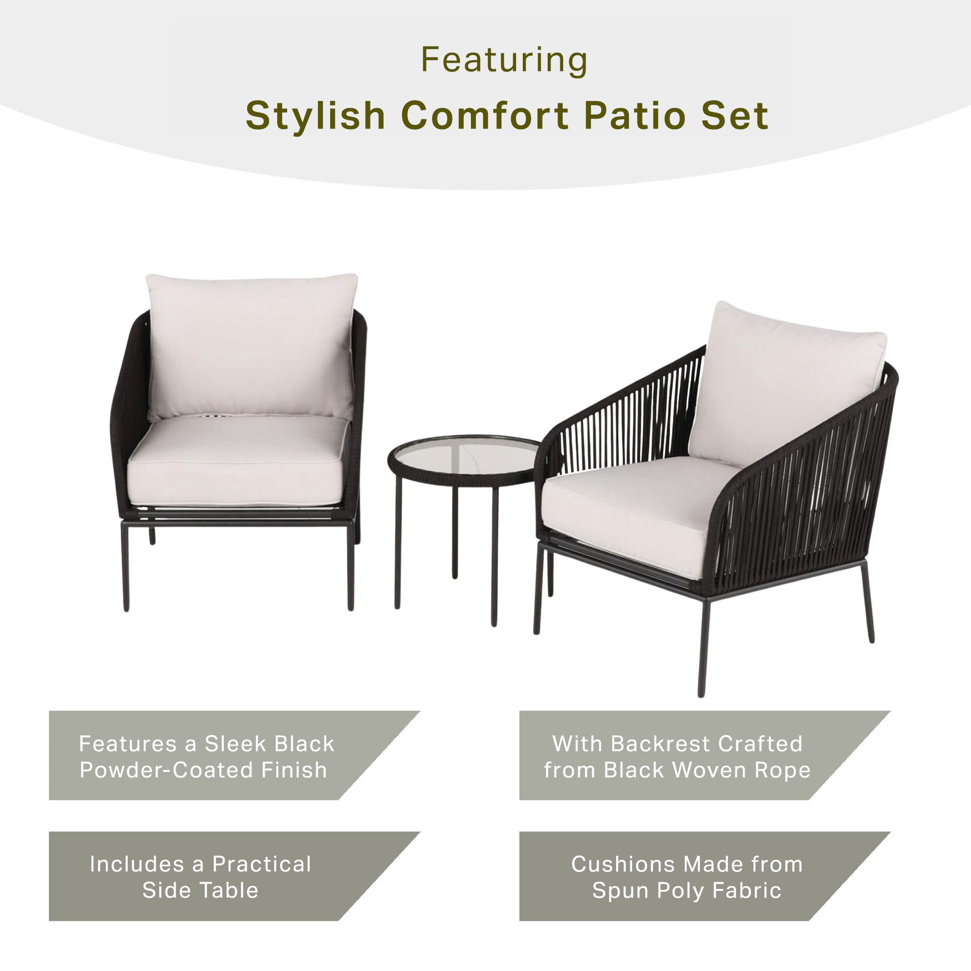 Four Seasons Courtyard Carrabelle 3 Piece Chat Set with Woven Rope Design, Black - VMInnovations