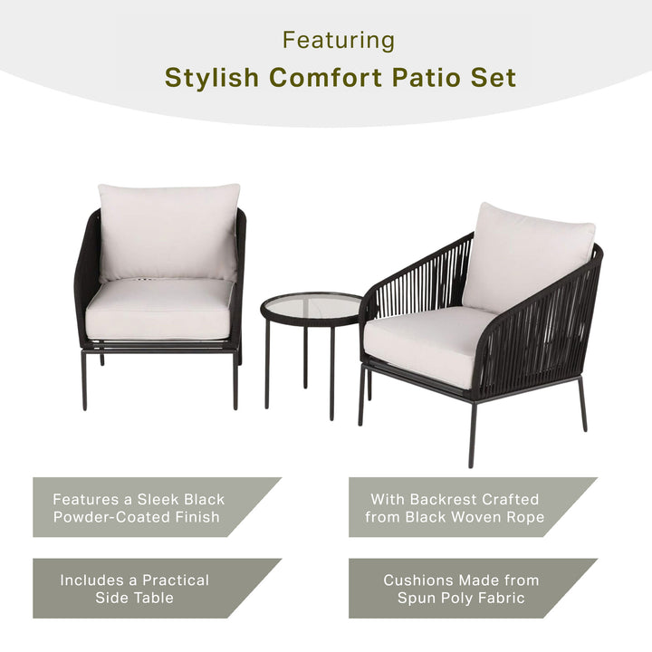 Four Seasons Courtyard Carrabelle 3pc Chat Set w/Woven Rope Design, Black (Used) - VMInnovations