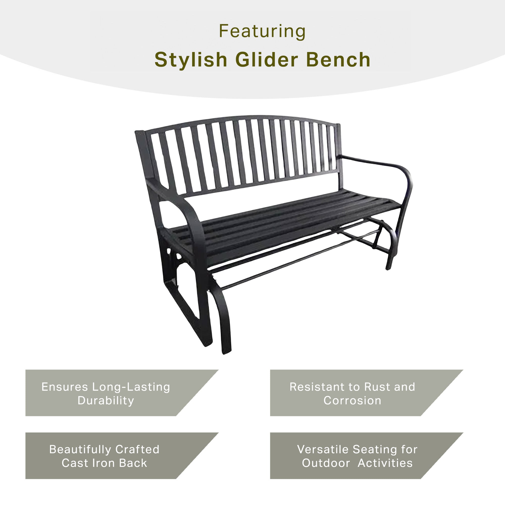 Four Seasons Courtyard Outdoor Steel Glider Bench with 500 Pound Capacity, Black - VMInnovations