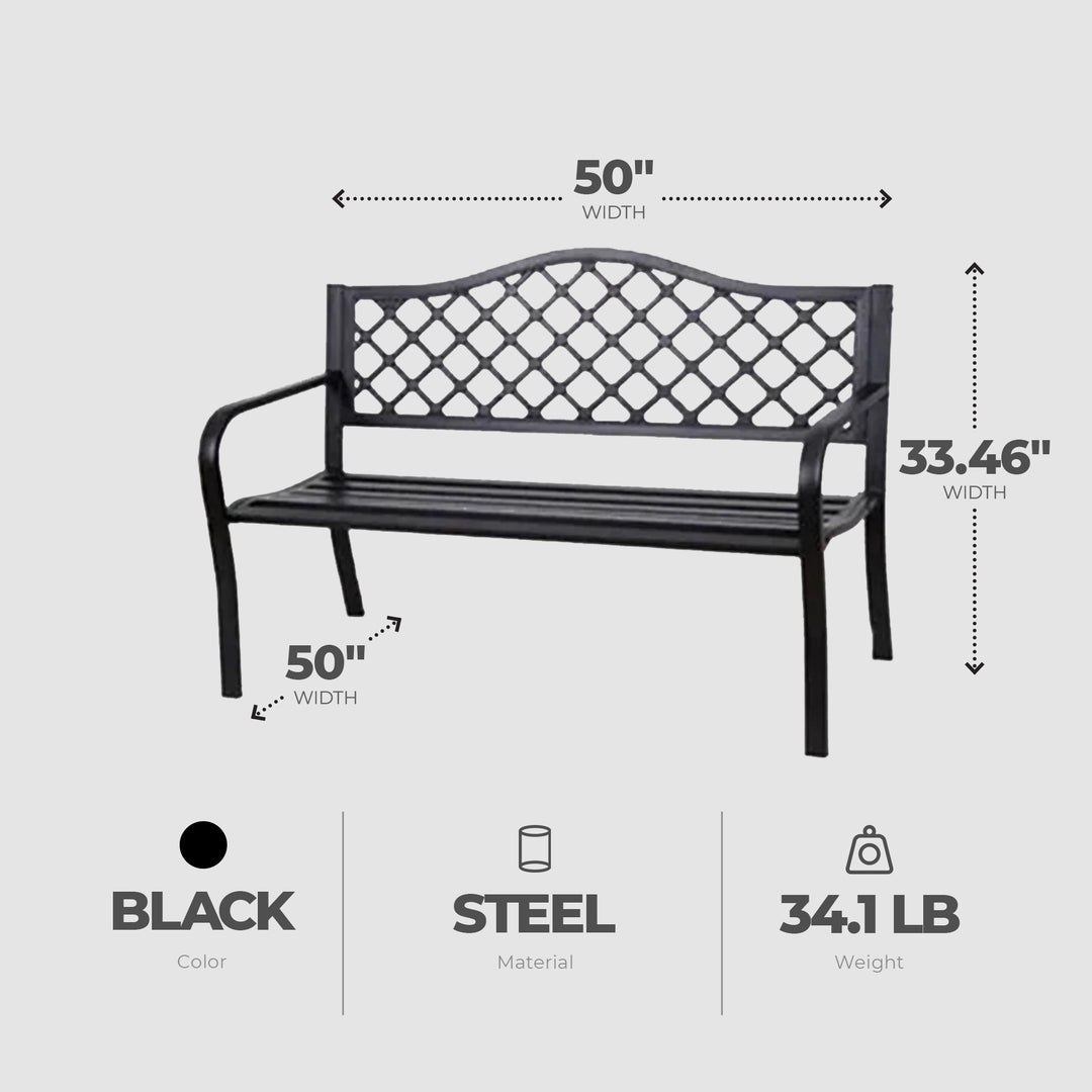 Four Seasons Courtyard Steel Park Bench with Lattice Seat Back Design, Black - VMInnovations