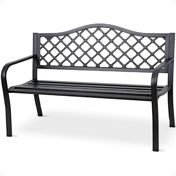 Four Seasons Courtyard Steel Park Bench with Lattice Seat Back Design, Black - VMInnovations