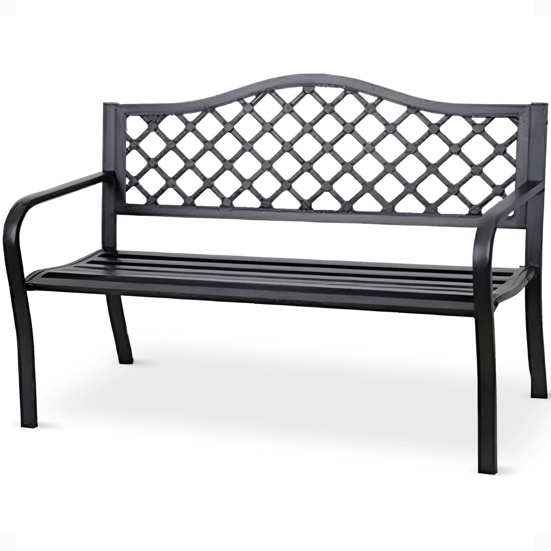 Four Seasons Courtyard Steel Park Bench with Lattice Seat Back Design, Black - VMInnovations