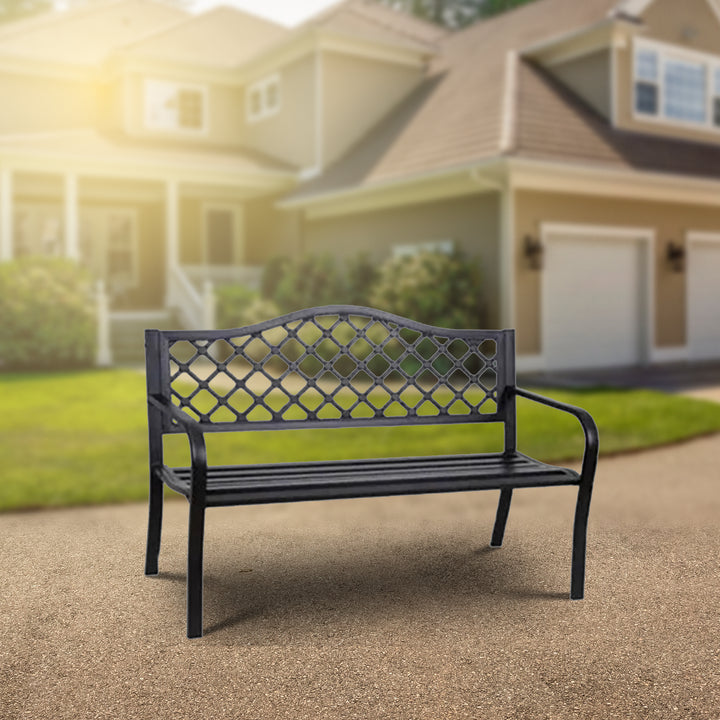 Four Seasons Courtyard Steel Park Bench with Lattice Seat Back Design, Black - VMInnovations