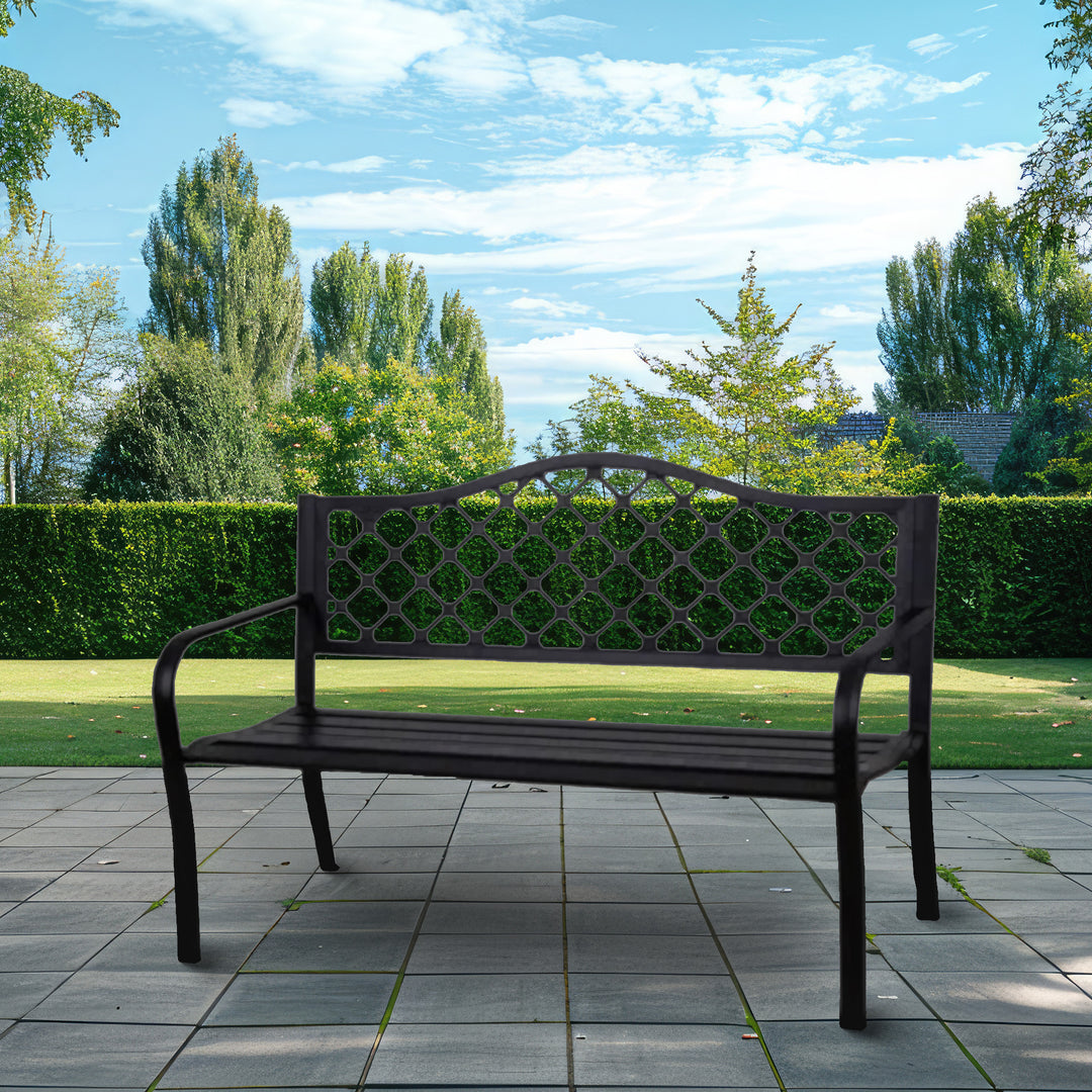 Four Seasons Courtyard Steel Park Bench with Lattice Seat Back Design, Black - VMInnovations