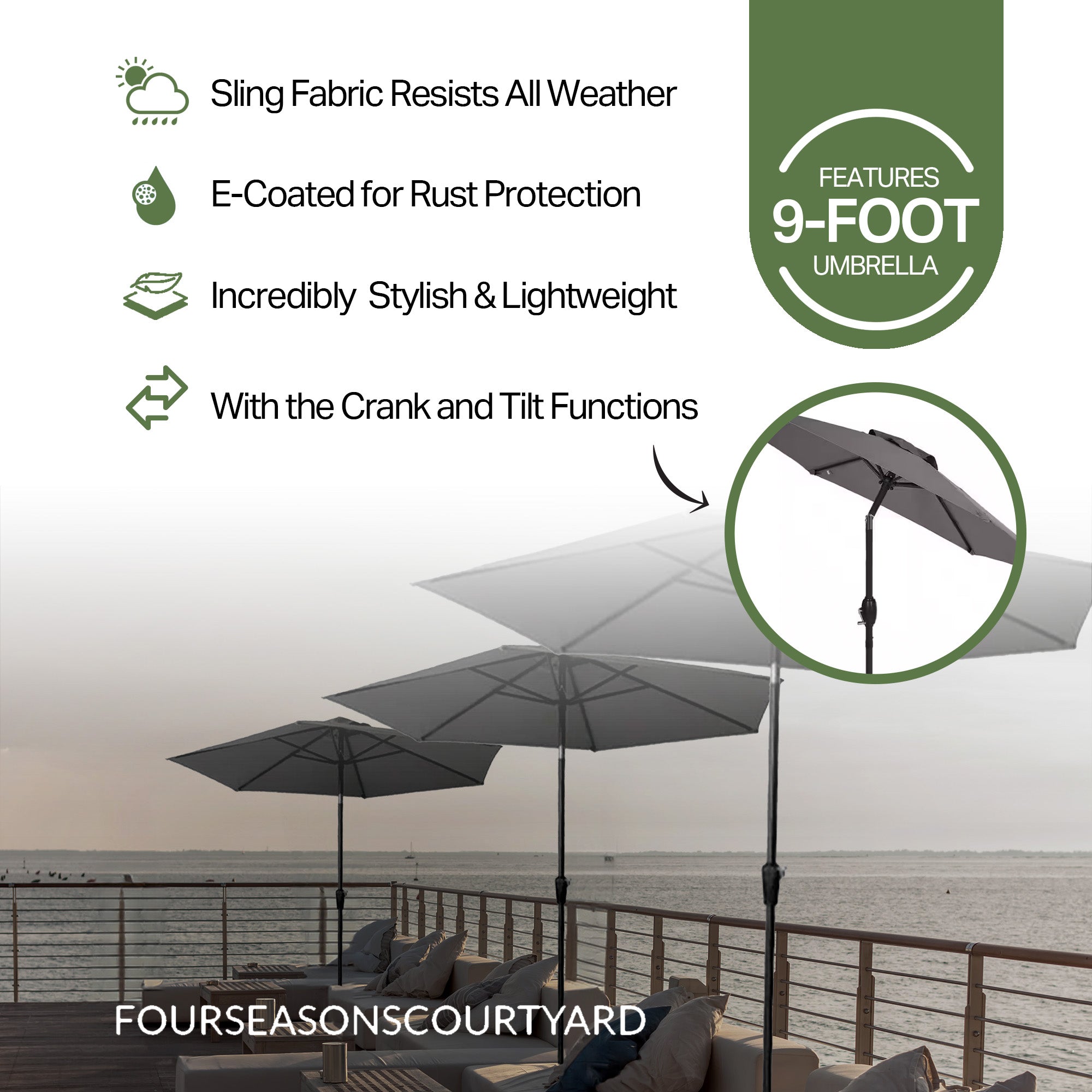 Four Seasons Courtyard 9' Round Sling Fabric Campton Hills Market Umbrella, Gray - VMInnovations
