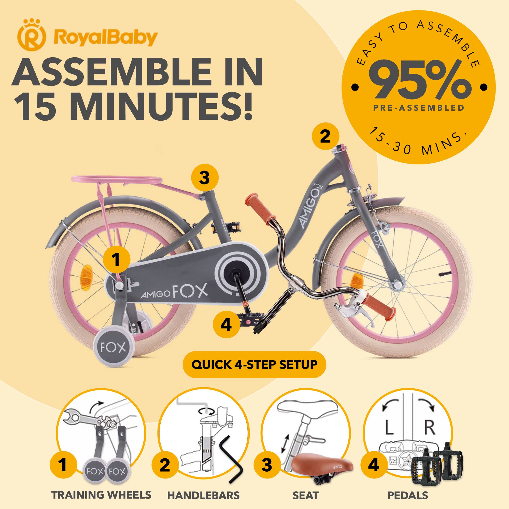 RoyalBaby Amigo Fox Kids Lightweight Bike w/ Training Wheels and Kickstand, Gray - VMInnovations