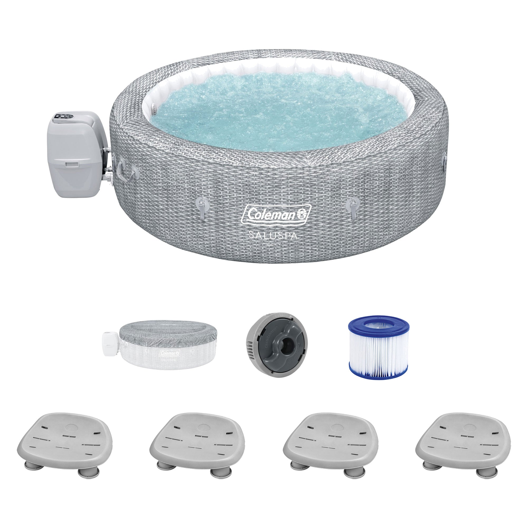 Coleman SaluSpa Sicily AirJet Hot Tub w/Set of 4 Bestway Pool & Spa Seat, Gray