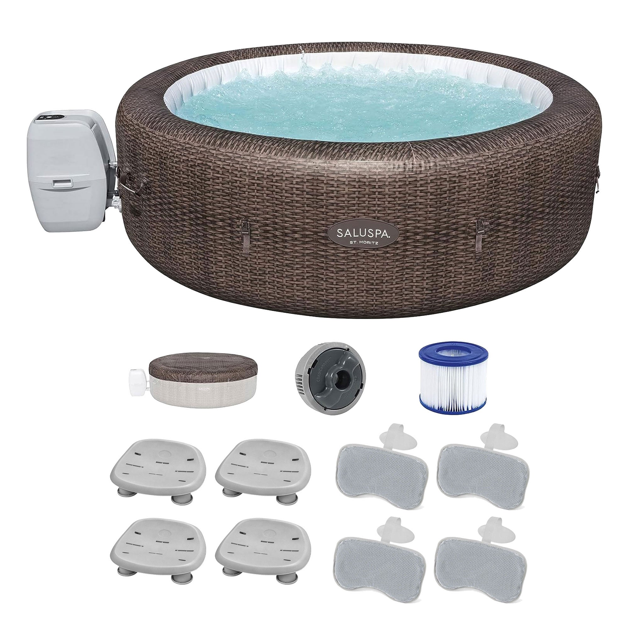 Bestway SaluSpa St Moritz Hot Tub w/Set of 4 Spa Seat & 4 Padded Pillows, Brown - VMInnovations