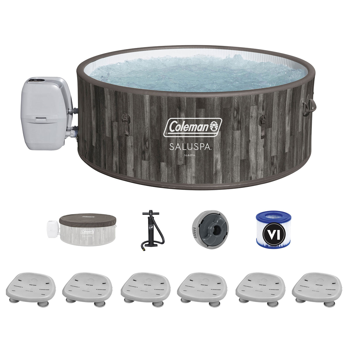 Coleman Napa SaluSpa AirJet Hot Tub with 6 Bestway Pool & Spa Seat, Gray Wood