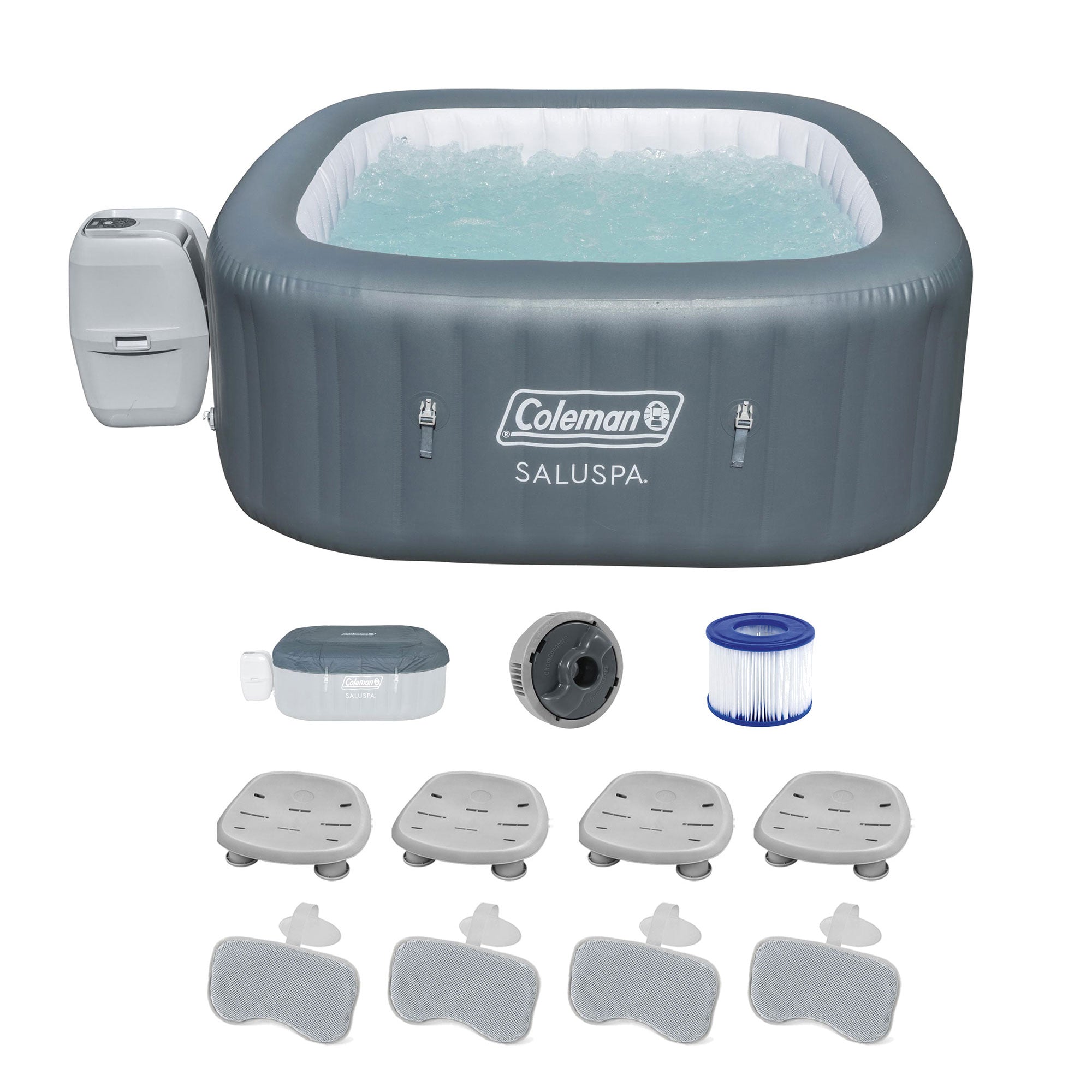 Coleman SaluSpa Square Hot Tub w/4-Pack Bestway SaluSpa Seat & Headrest Pillows