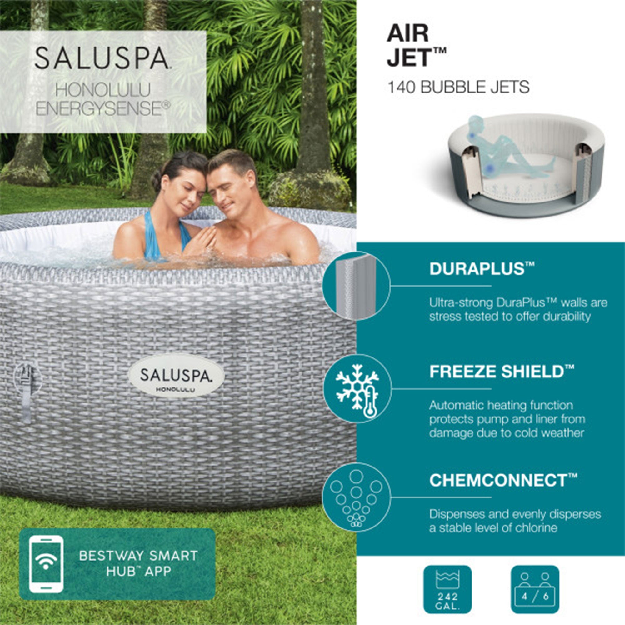Bestway Coleman Honolulu AirJet Inflatable Hot Tub with 4 SaluSpa Non-Slip Seat