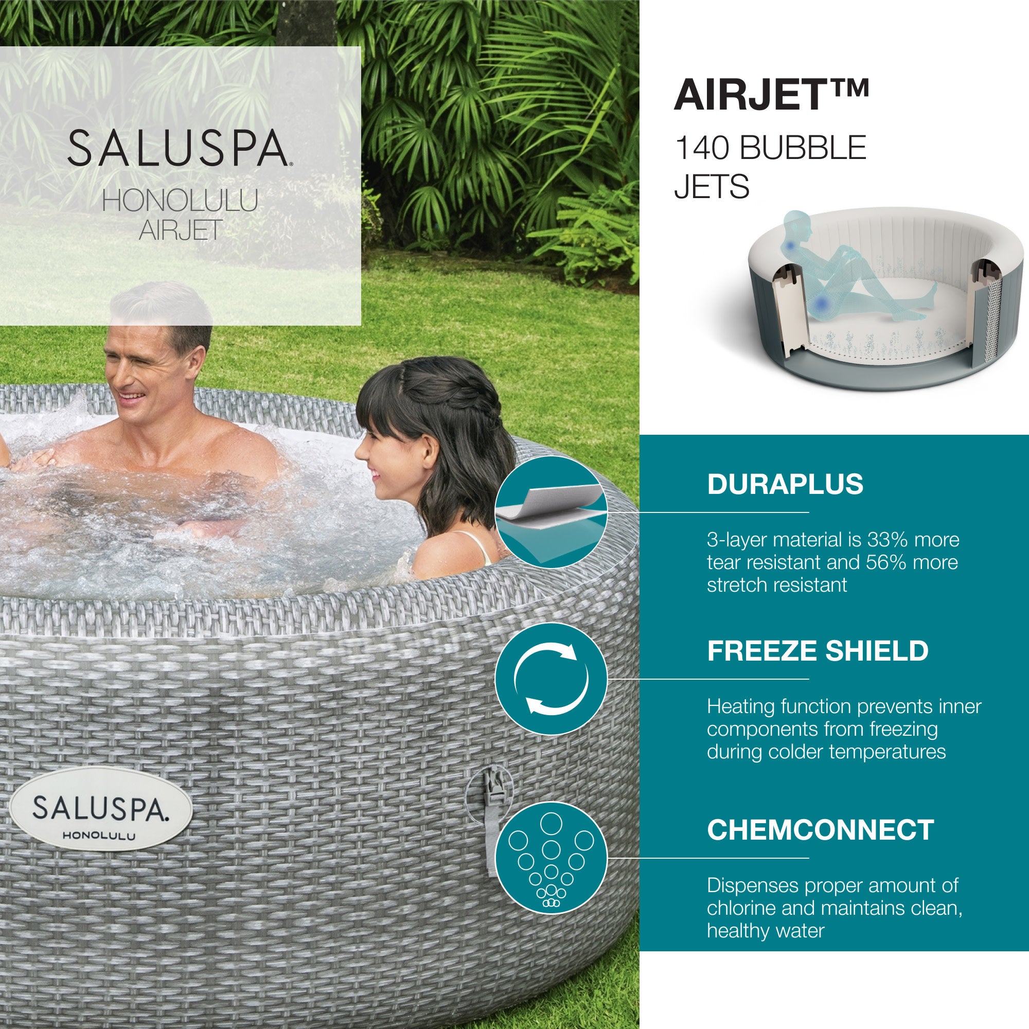Bestway SaluSpa Honolulu AirJet Hot Tub w/6 Non Slip Pool/Spa Seat & 6 Pillows