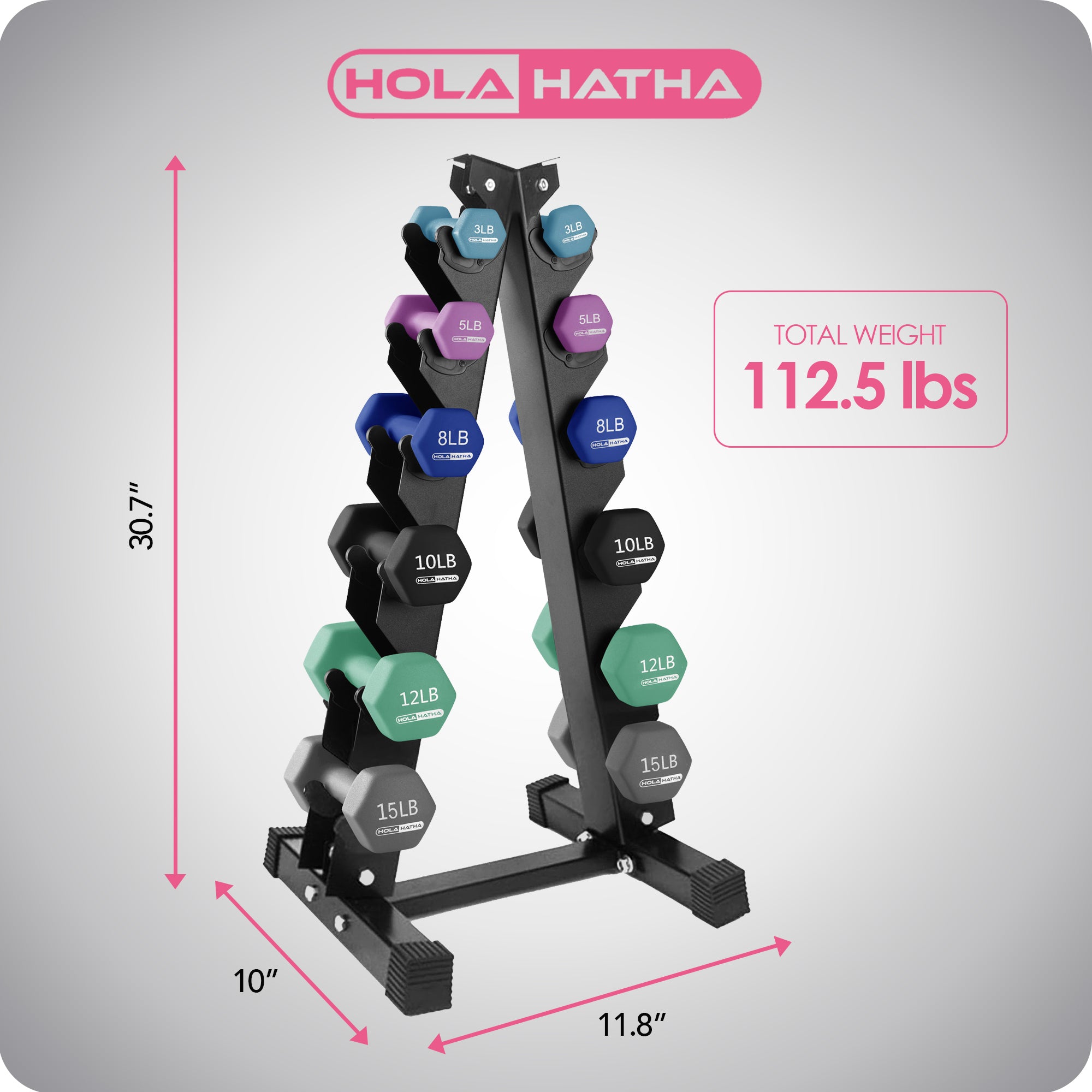 HolaHatha 3, 5, 8, 10, 12 & 15 Pound Neoprene Dumbbell Weight Set w/Storage Rack - VMInnovations
