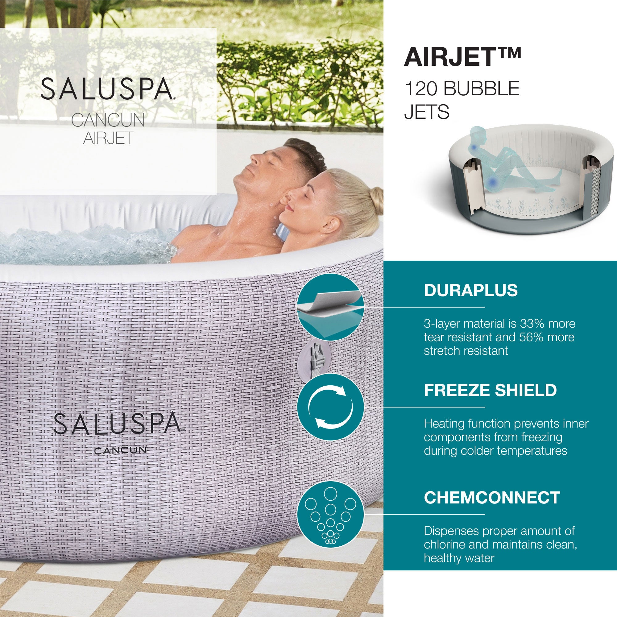 Bestway SaluSpa Cancun Inflatable Hot Tub w/4 SaluSpa Pool/Spa Seat & 4 Pillows