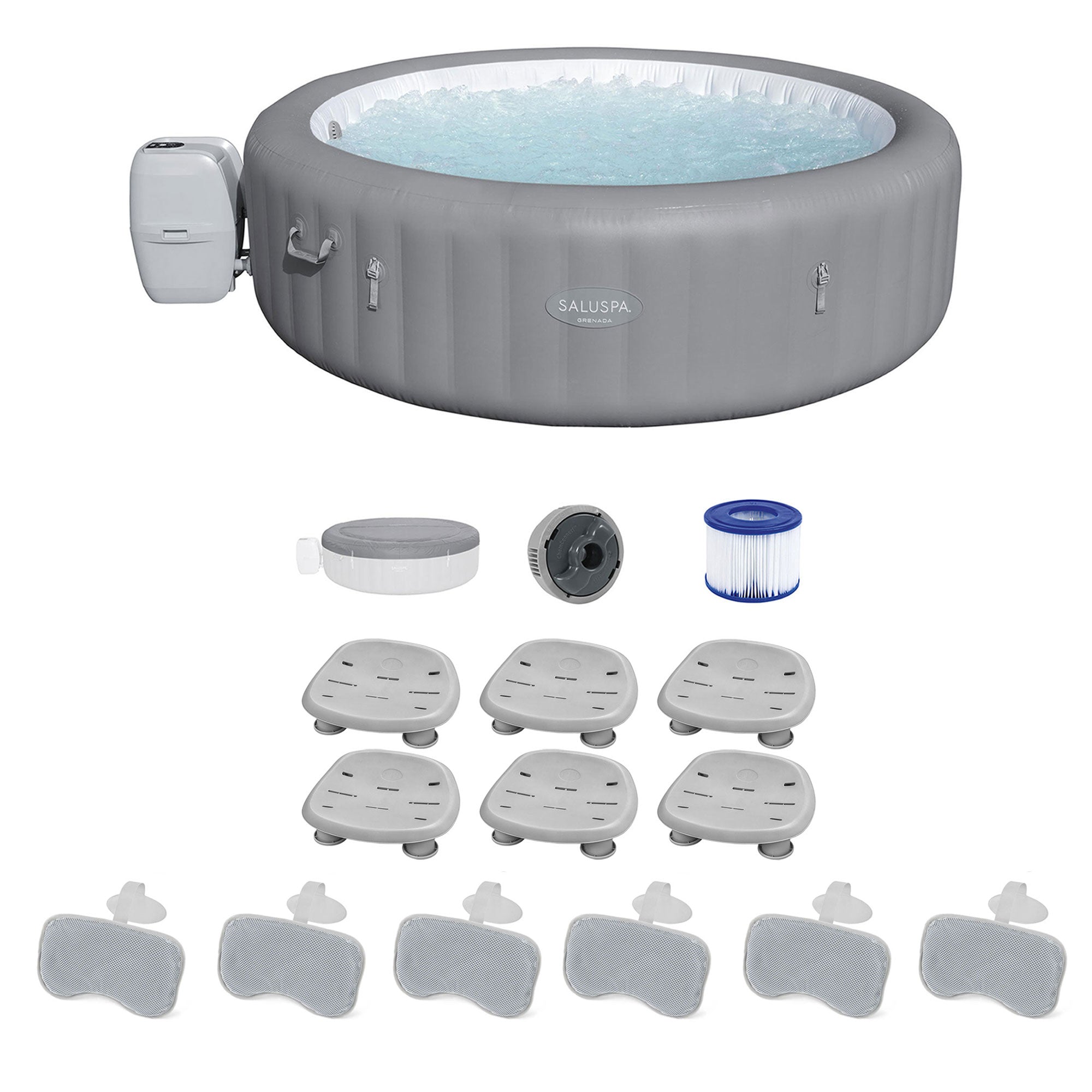 Bestway SaluSpa Grenada Hot Tub w/Set of 6 Spa Seat & 3 Pack Padded Pillows - VMInnovations