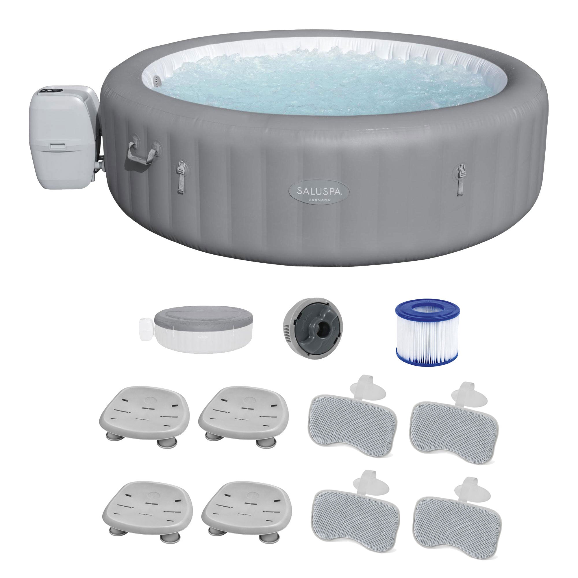 Bestway SaluSpa Grenada AirJet Hot Tub, Spa Seat (4 Pack), & Headrest (4 Pack) - VMInnovations