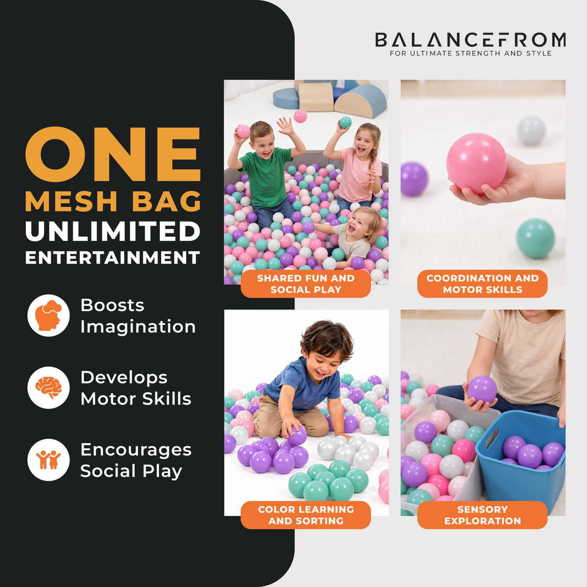 BalanceFrom Fitness 2.3" Pit Balls w/Storage Bag, 200 Count (Open Box) - VMInnovations