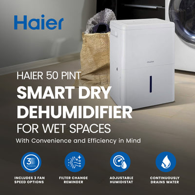 Haier 50 Pint Smart Dry Dehumidifier for Wet Spaces (Certified Refurbished)