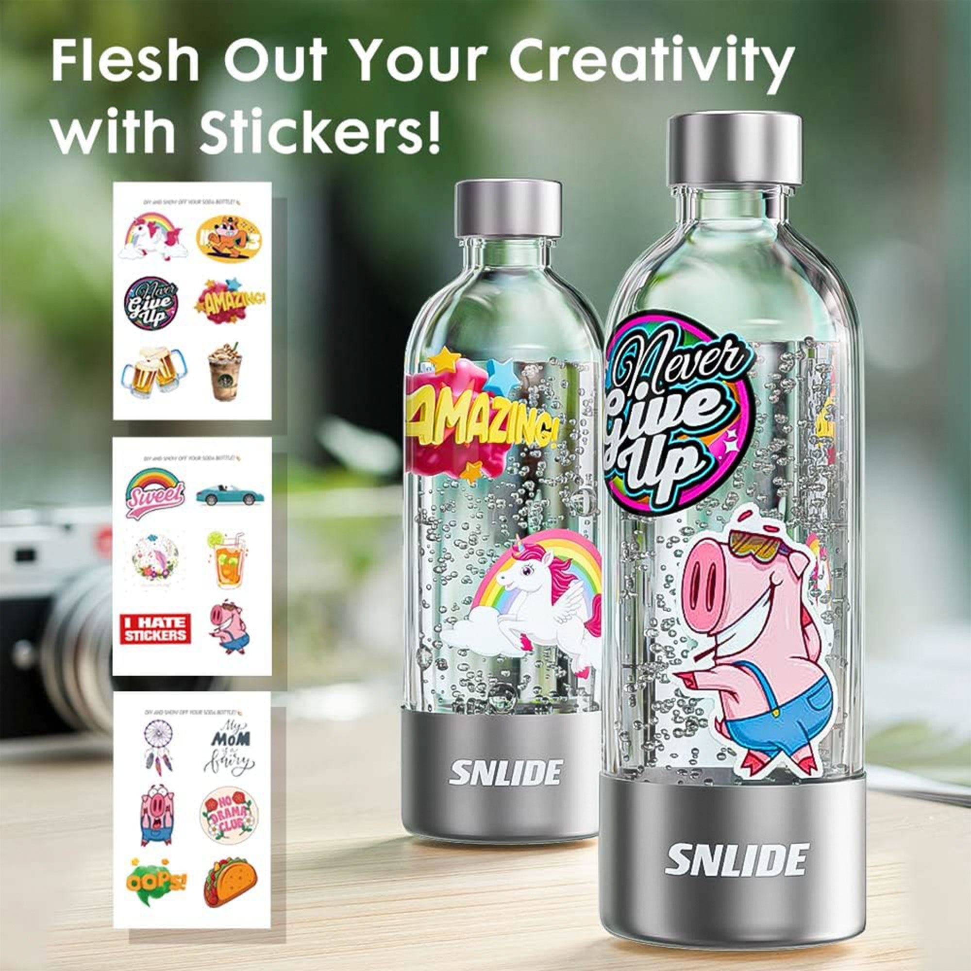 SNLIDE Soda Maker Soda Water Machine w/1,000ML Bottle & DIY Stickers(Open Box) - VMInnovations