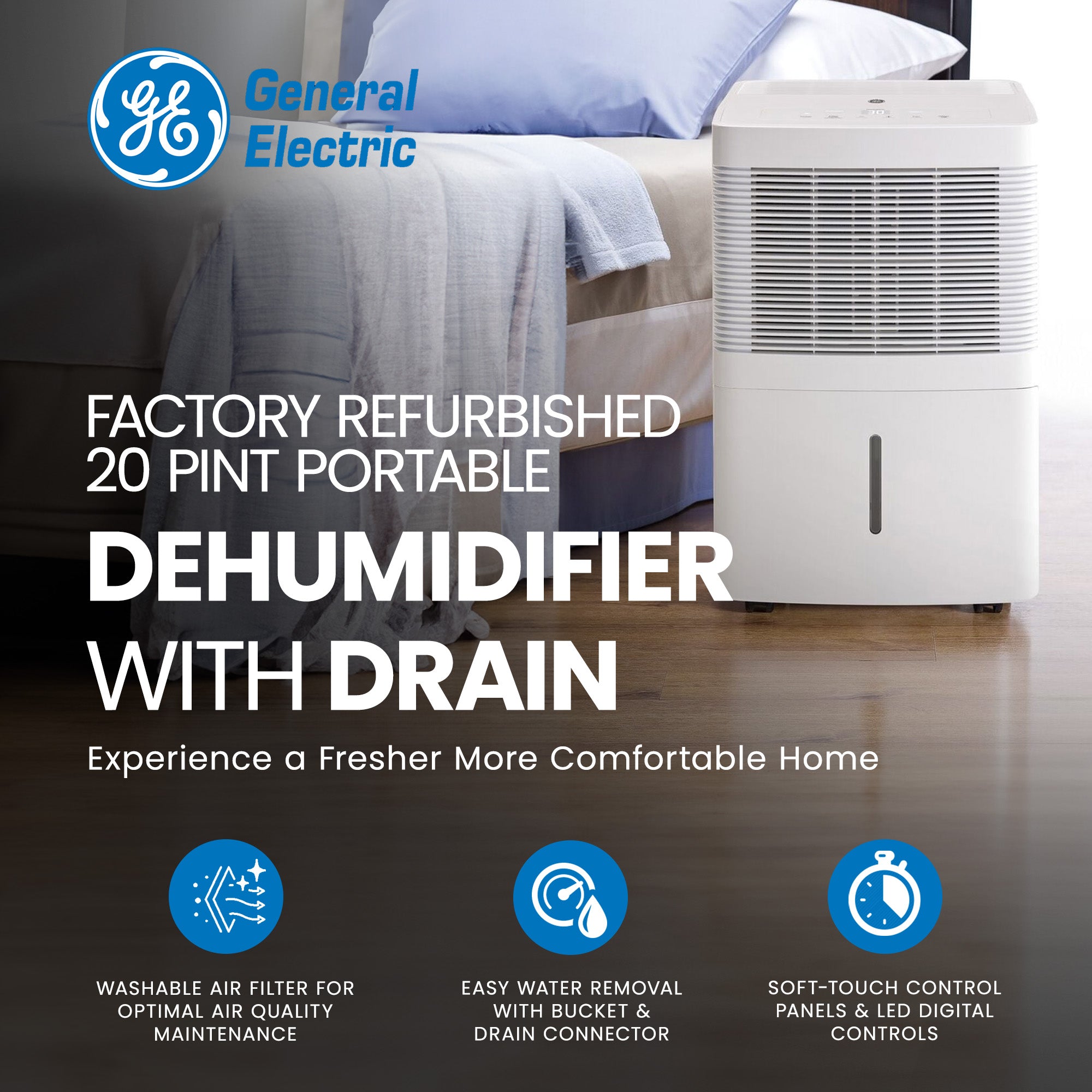 General Electric 20 Pint Portable Dehumidifier w/Drain (Refurbished) - VMInnovations