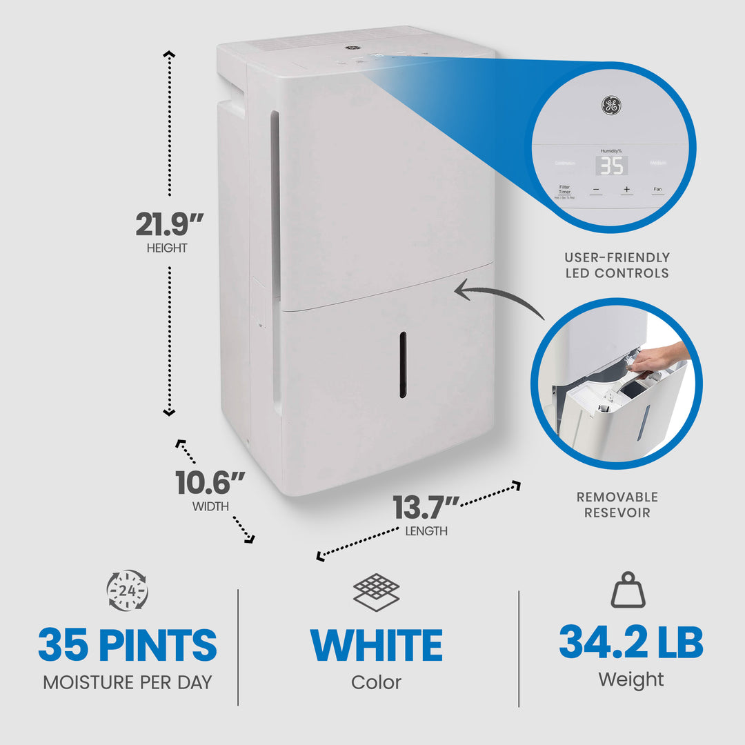 GE 35 Pint Portable Home Dehumidifier for Damp Spaces (Certified Refurbished) - VMInnovations