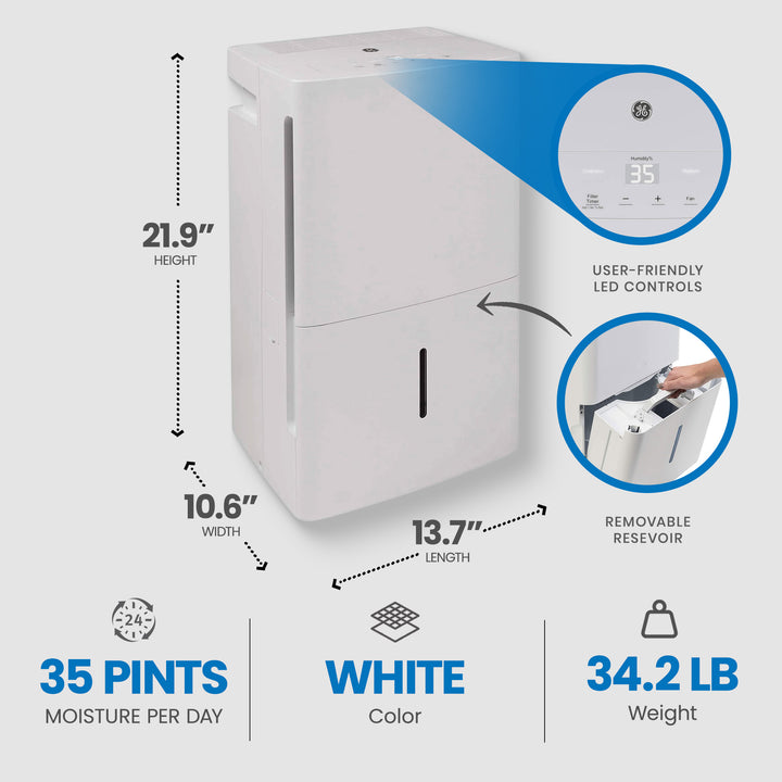 GE 35 Pint Portable Home Dehumidifier for Damp Spaces (Certified Refurbished) - VMInnovations