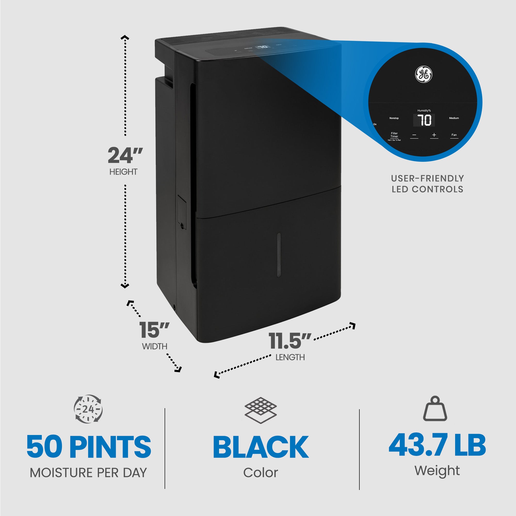 GE 50 Pint Portable Home Dehumidifier for Wet Spaces (Refurbished) - VMInnovations