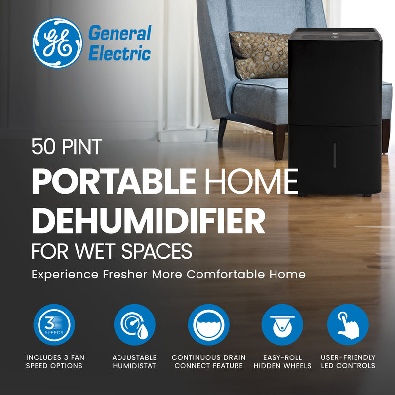 GE 50 Pint Portable Home Dehumidifier for Wet Spaces (Refurbished)