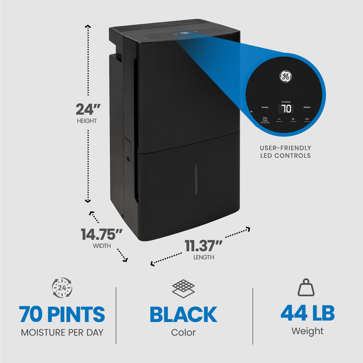 GE High Tech 70 Pint 3 Fan Speed Home Dehumidifier, Black (Refurbished) - VMInnovations