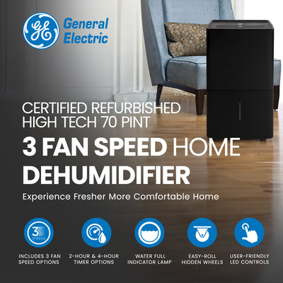 GE High Tech 70 Pint 3 Fan Speed Home Dehumidifier, Black (Refurbished)